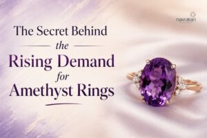 Promotional banner about the rising demand for amethyst rings, featuring a purple gemstone ring on a satin lavender background.