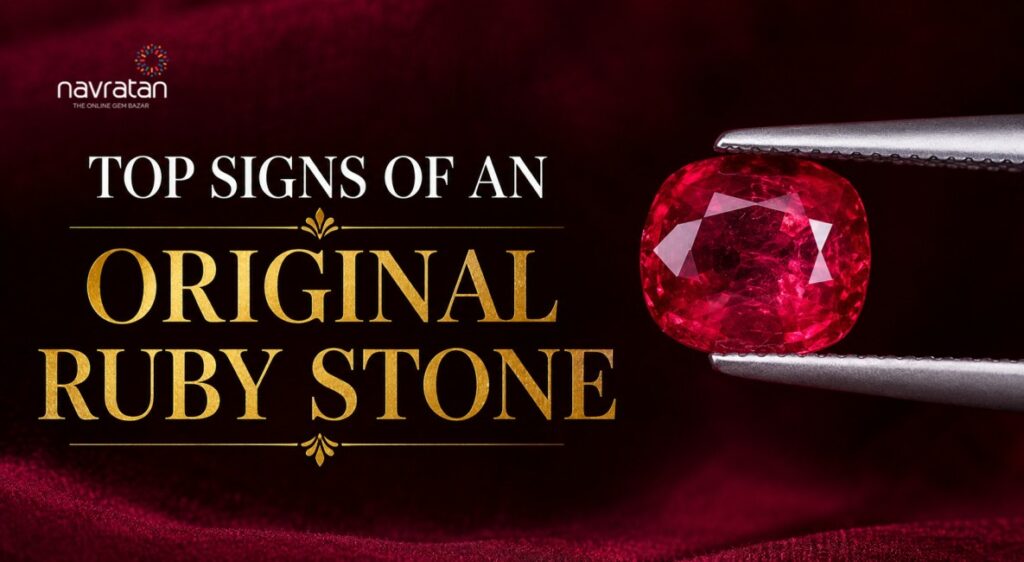 Promotional banner: 'Top signs of an original ruby stone' with a red ruby held by tweezers and the Navratan logo in the corner.
