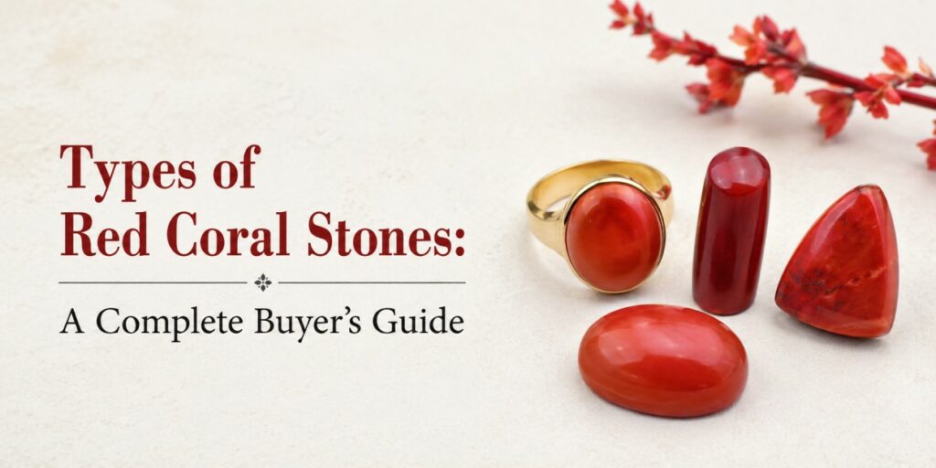 Banner with the title 'Types of Red Coral Stones: A Complete Buyer's Guide' and red coral jewelry on the right.