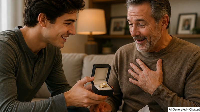 Two men share a joyful moment as one presents a ring in a box to the other on a couch at home.