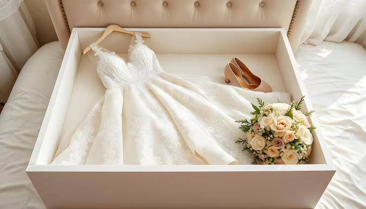 White wedding dress laid out in an open box on a bed, with a bouquet of pale roses and beige heels beside it.
