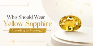 Banner with the headline 'Who Should Wear Yellow Sapphire According to Astrology?' and a large yellow gemstone displayed on a white pedestal.