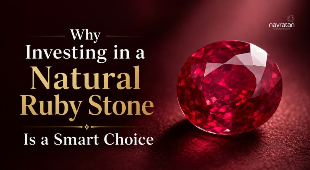 Promotional banner promoting natural ruby stones as a smart investment, with a large red ruby on the right and the Navartan logo.