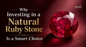 Promotional banner promoting natural ruby stones as a smart investment, with a large red ruby on the right and the Navartan logo.