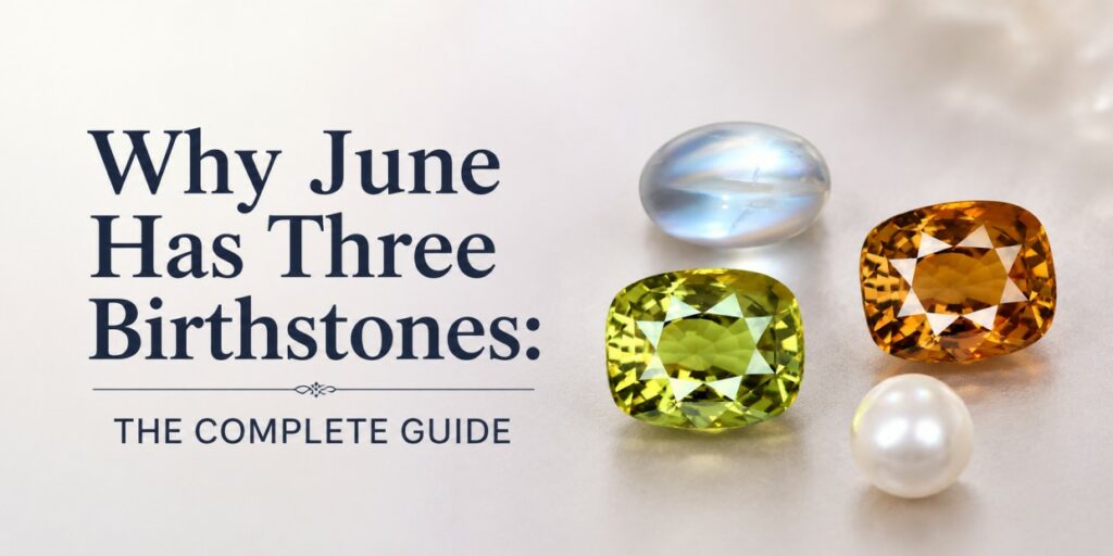 Banner: 'Why June Has Three Birthstones: The Complete Guide' with blue, green, and orange gems and a pearl on a light background.