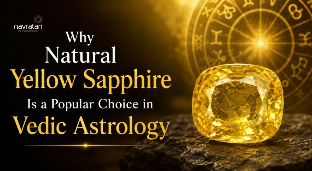 Promotional banner advertising natural yellow sapphire for Vedic astrology, showing a glowing yellow gemstone with an astrological wheel in the background.
