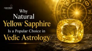 Promotional banner advertising natural yellow sapphire for Vedic astrology, showing a glowing yellow gemstone with an astrological wheel in the background.