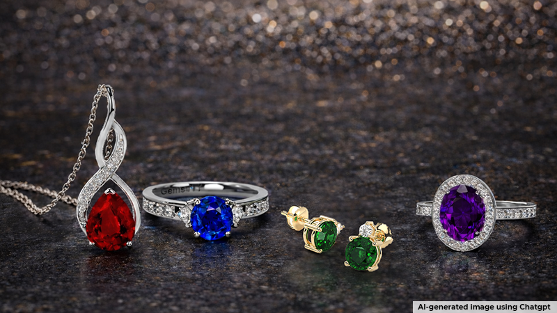 Colored Gemstones - Jewelry set on dark surface: red teardrop pendant necklace, blue gemstone ring, green stud earrings, and a purple gemstone halo ring.