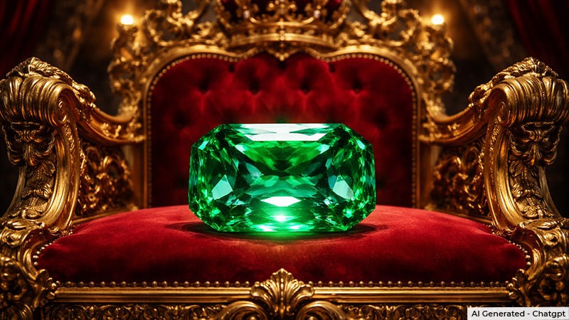 Emerald-cut green gemstone resting on a red velvet throne with gold ornate carvings.