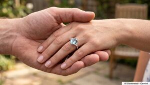 Couple's hands clasped; a large blue gemstone engagement ring rests on the woman's ring finger.
