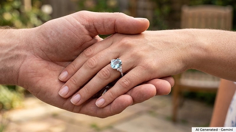 Couple's hands clasped; a large blue gemstone engagement ring rests on the woman's ring finger.