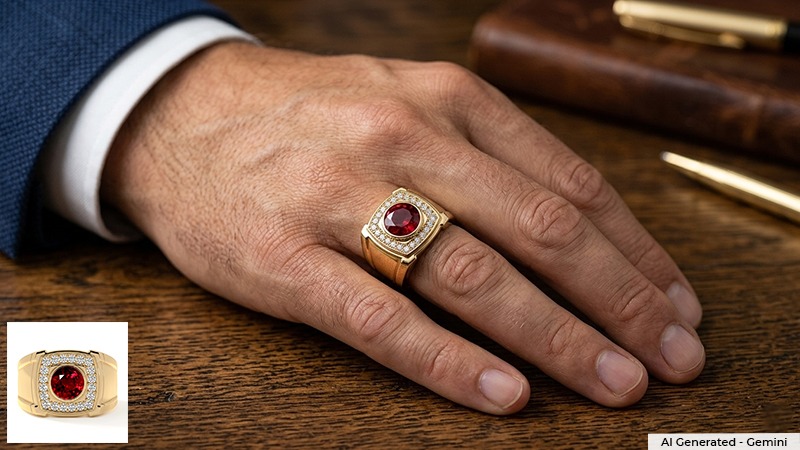 Hand on a wooden desk wearing a gold ring with a red gemstone and diamond surround.