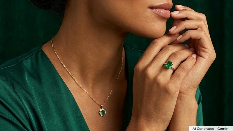 a woman wearing emerald gemstone jewelry, such as a ring and a pendant