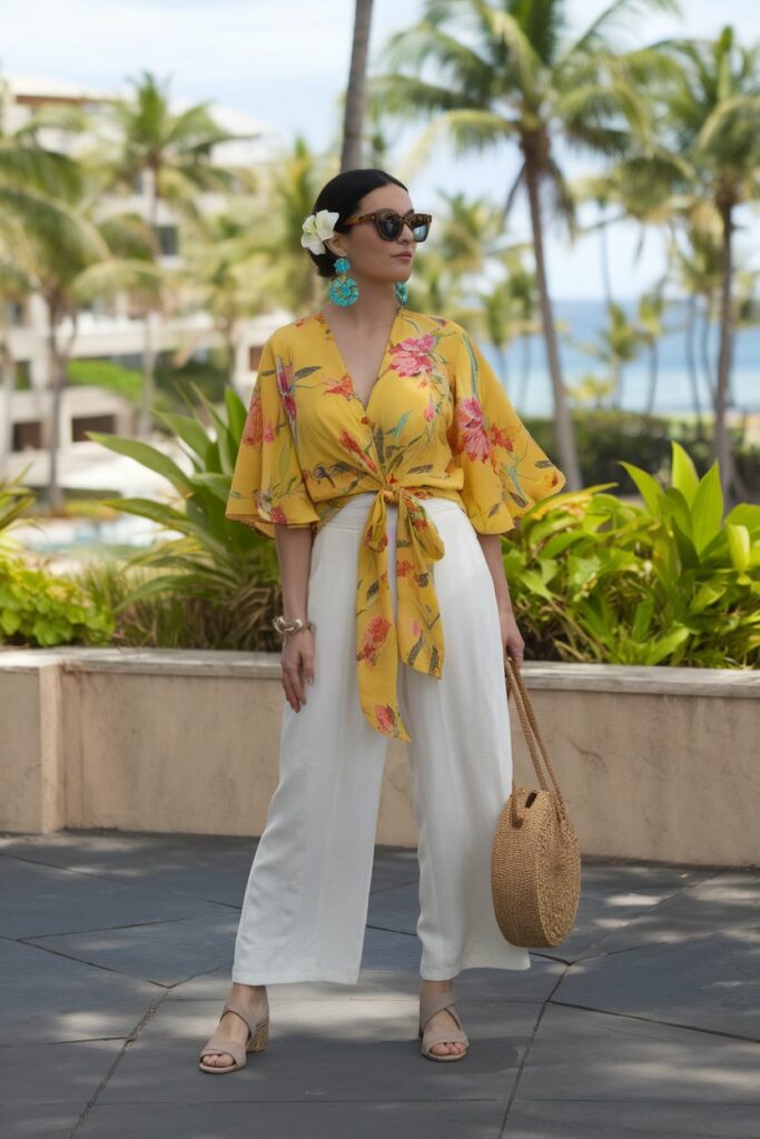 Chic Summer Resort Outfit Ideas with Floral Top and White Wide-Leg Pants