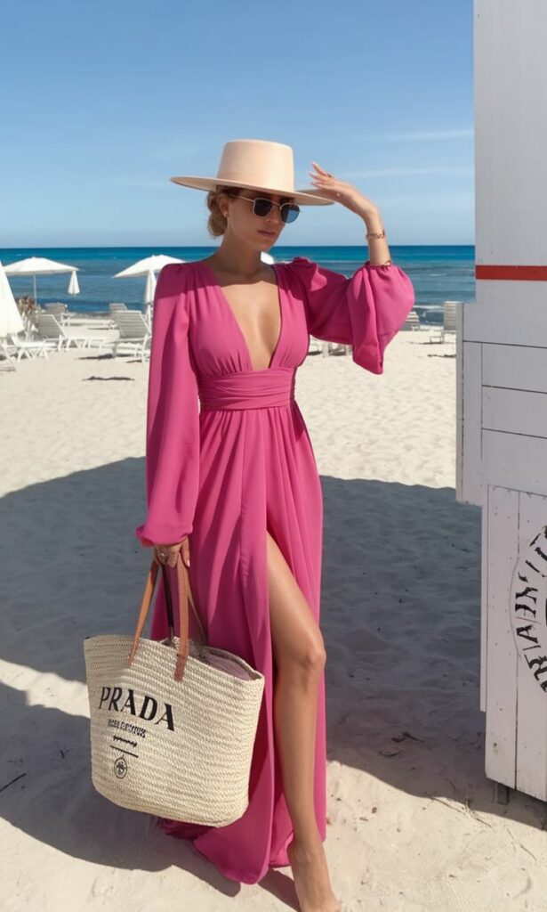 Woman in a hot-pink maxi dress with a deep V neckline, wide sleeves, and a thigh-high slit, standing on a sunny beach with a straw Prada tote and large sun hat.
