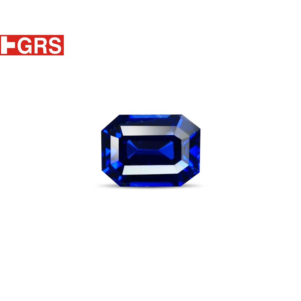 Birthstone - Blue emerald-cut gemstone on a white background with a red GRS logo in the top-left corner.