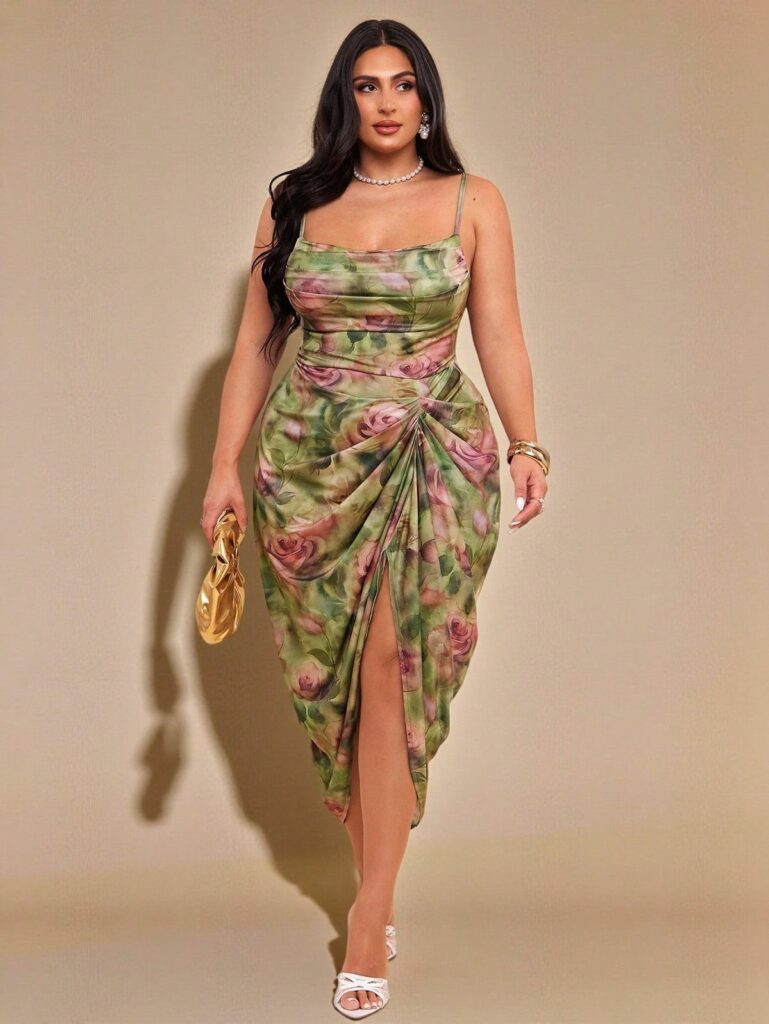 Full-length woman in a green floral draped dress with thin straps, holding a gold clutch and wearing pearl jewelry against a beige backdrop.