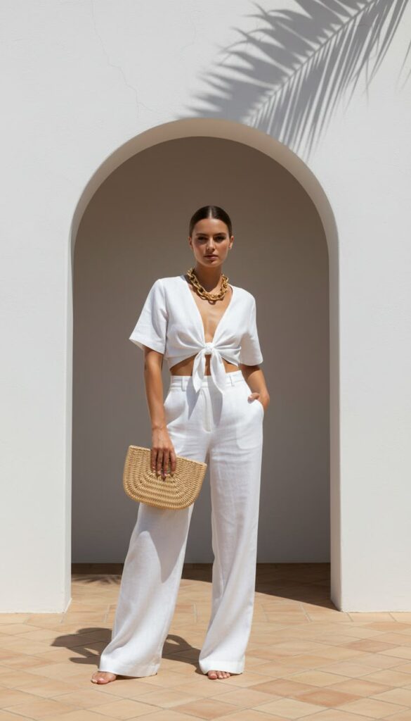 Woman wearing a white tied-front top and wide-leg pants, standing in a white arched doorway with a woven straw clutch.