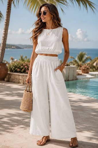 Woman in an all-white linen sleeveless crop top and wide-leg pants standing poolside with palm trees, carrying a woven bag and wearing sunglasses.