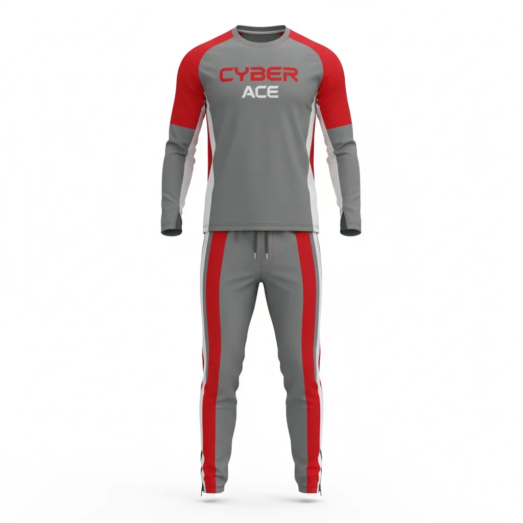 Gray and red athletic tracksuit with 'CYBER ACE' logo on the chest and matching pants, full-body view.