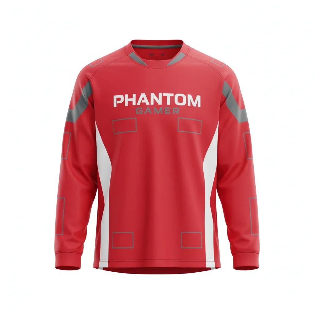 Red Esports Long-Sleeve Jerseys with white side panels and the words 'PHANTOM GAMER' on the chest, shown from the front.
