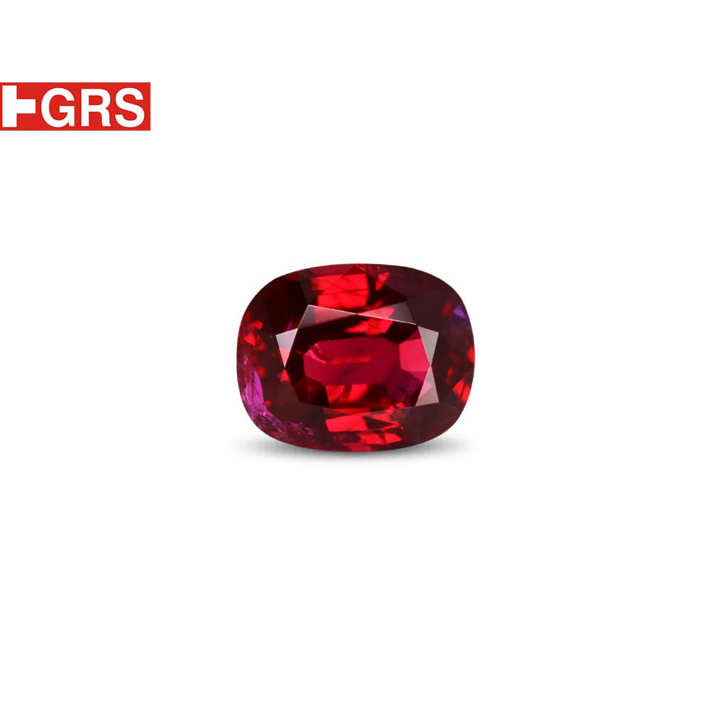 Cushion-cut red natural ruby gemstone on white background with GRS logo in the top-left corner