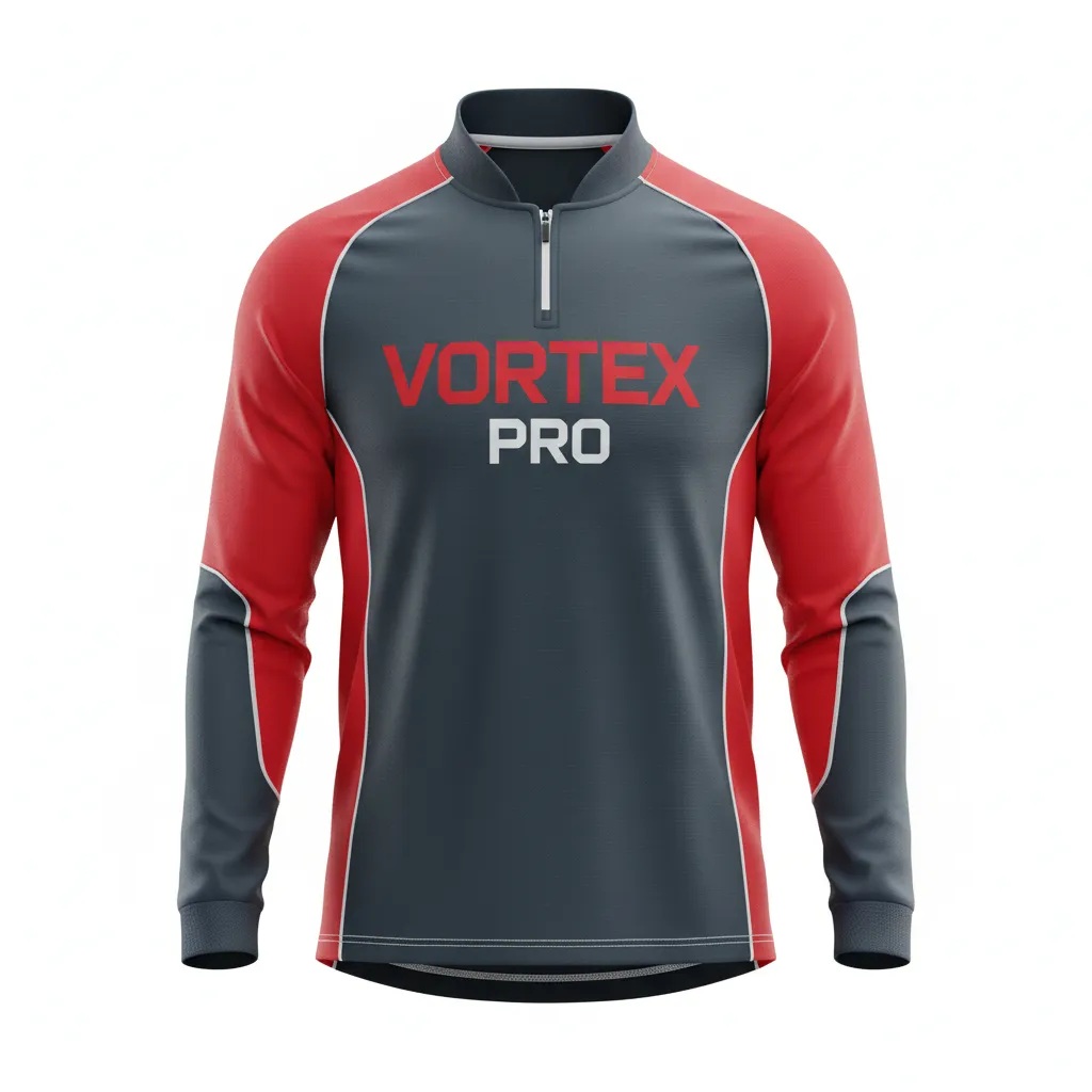 Vortex Pro athletic Esports Long-Sleeve Jerseys in dark gray with red sleeves and white piping, front zipper collar.
