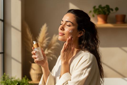 Woman in a white robe applying moisturizer to her face, holding a bottle in a sunlit room.