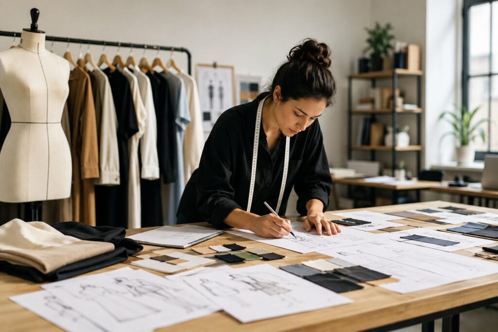 Fashion designer at a table sketching patterns with fabric swatches and pattern sheets, a dress form and clothing rack in the background