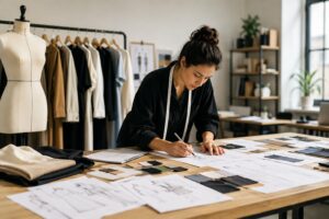 Fashion designer at a table sketching patterns with fabric swatches and pattern sheets, a dress form and clothing rack in the background
