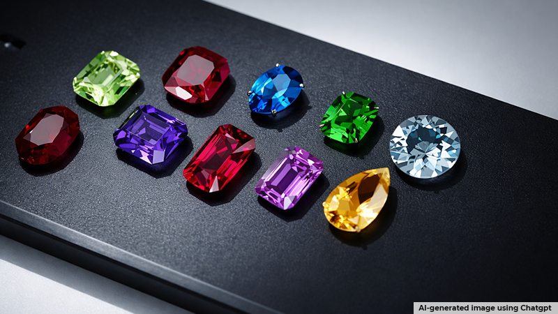 Row of faceted gemstones in red, green, blue, purple, and yellow on a dark textured surface.
