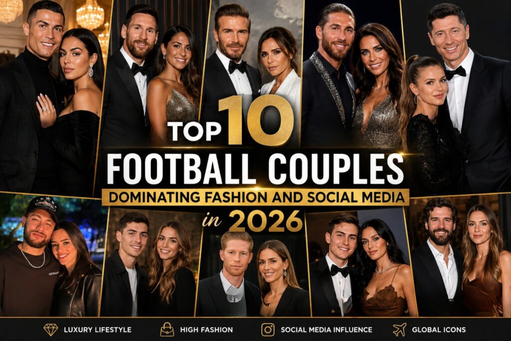 Collage poster announcing 'Top 10 Football Couples' 2026, showing glamorous couples in formal wear with gold typography and banner elements...