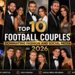 Collage poster announcing 'Top 10 Football Couples' 2026, showing glamorous couples in formal wear with gold typography and banner elements...