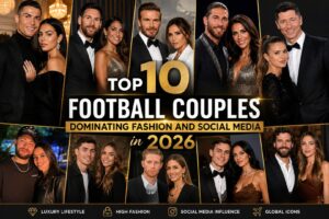 Collage poster announcing 'Top 10 Football Couples' 2026, showing glamorous couples in formal wear with gold typography and banner elements...