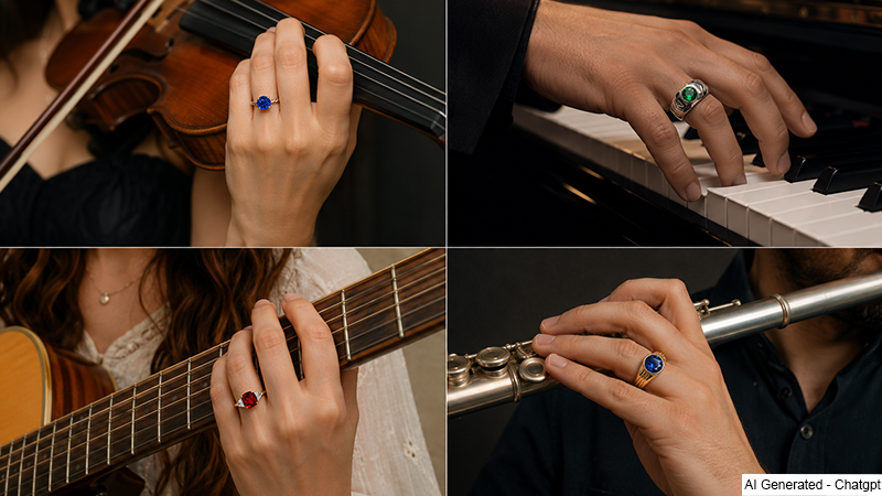 Hands playing string instruments; a blue gem ring on the violinist's finger (top-left). The top-right shows a pianist's hand with a silver ring featuring a green gem.