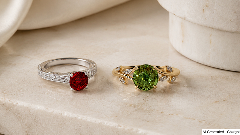 Two gemstone rings with colored stones on a beige marble surface: a silver band with a red gemstone and a gold band with a green gemstone and diamond accents.