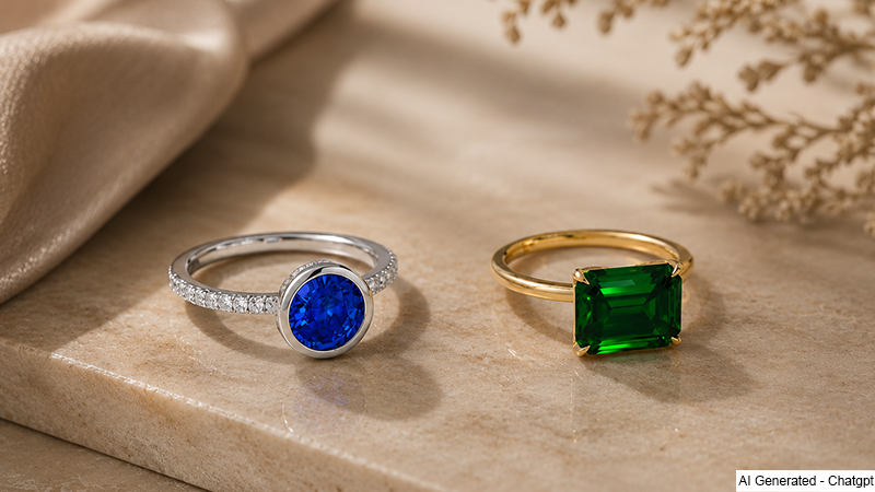Two gemstone rings on a beige surface: a silver band with a blue cabochon and pavé diamonds, and a gold band with a green emerald-cut stone.