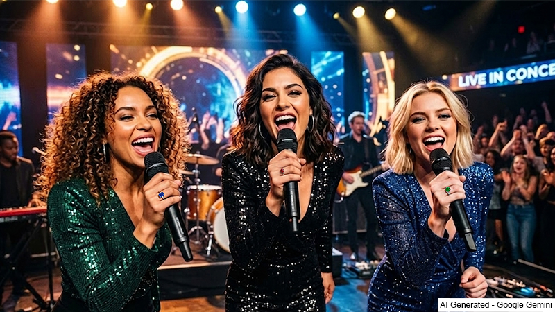 Three women in glittery outfits singing into microphones on a concert stage with a cheering crowd behind them.