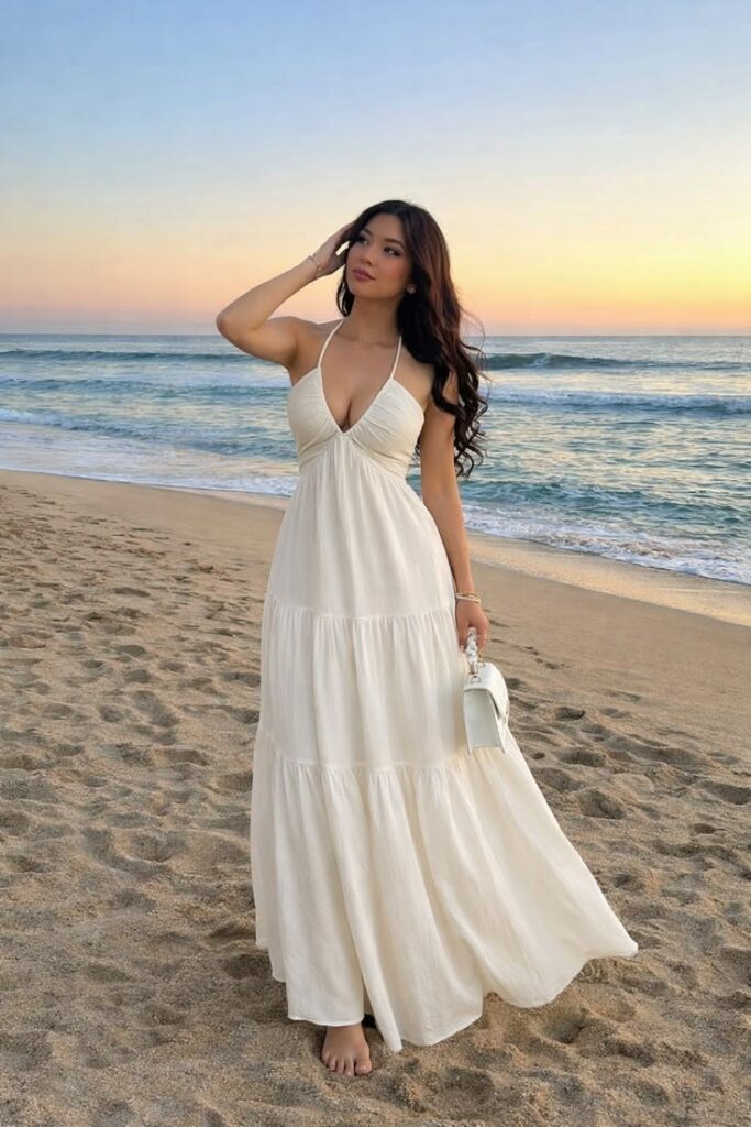 Woman in a white halter maxi dress walking barefoot on the sandy beach at sunset, holding a small white purse in front of her.