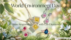 World Environment Day banner showcasing lab-grown diamond jewelry among greenery, promoting eco-friendly luxury.