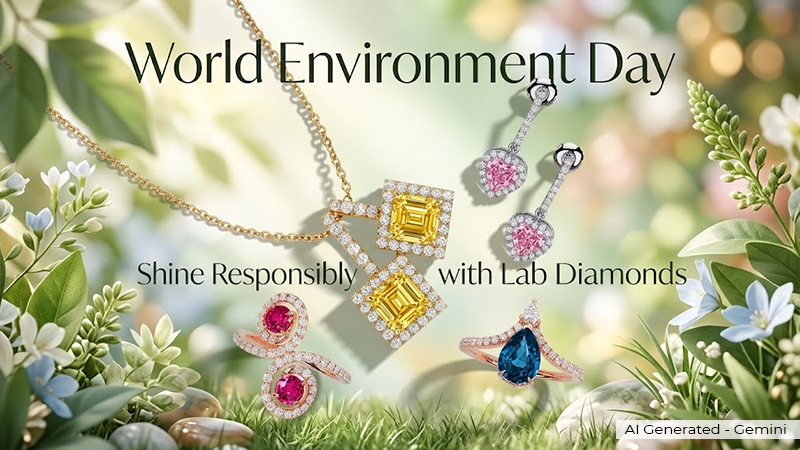 World Environment Day banner showcasing lab-grown diamond jewelry among greenery, promoting eco-friendly luxury.
