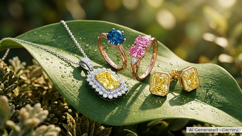 Pendant necklace with a yellow square-cut gemstone surrounded by lab diamonds resting on a green leaf with dewdrops.