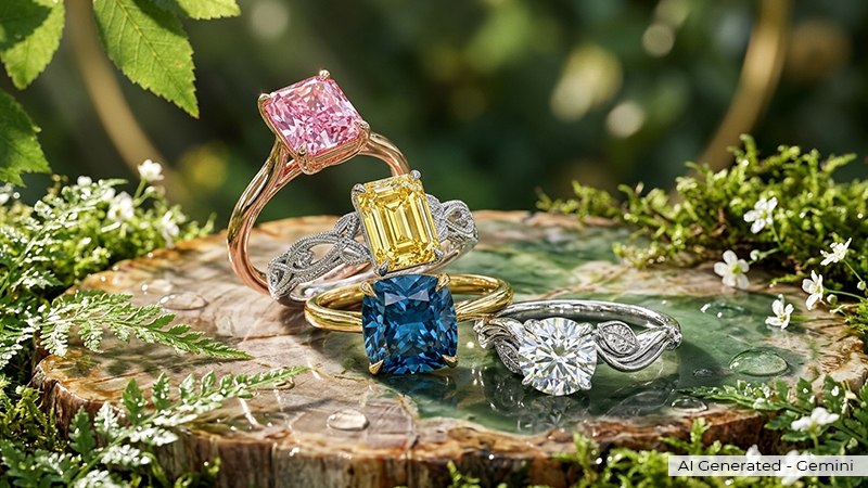 World Environment Day lab diamonds rings with pink blue and yellow stones