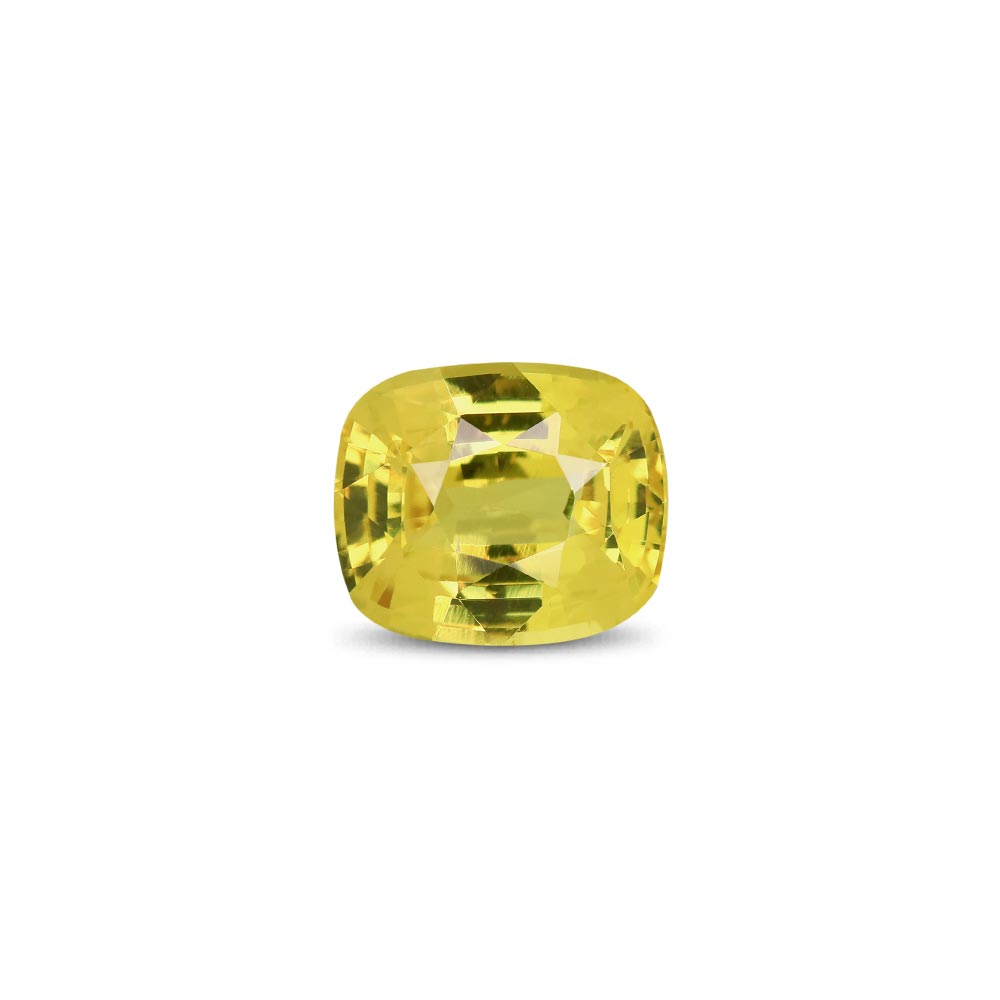 Cushion-cut yellow sapphire gemstone (citrine) on a white background with facial facets visible