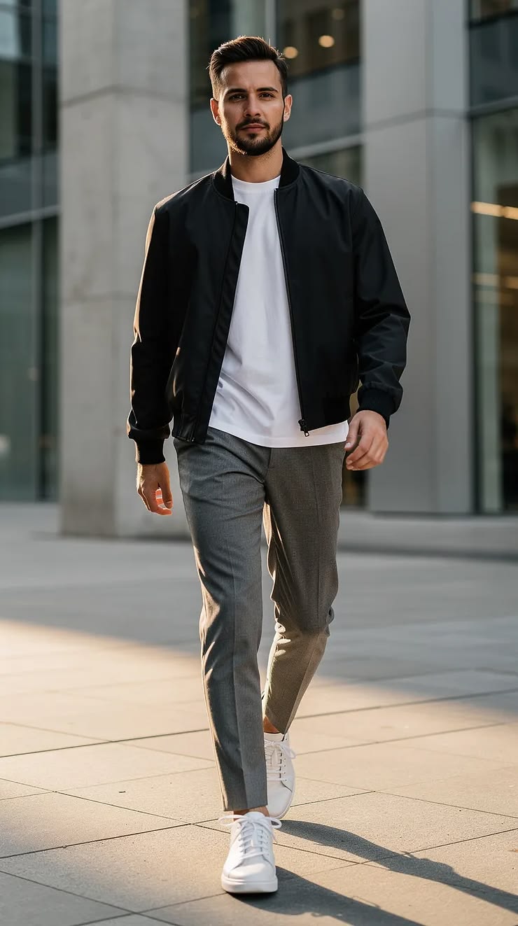 Man walking in a city plaza wearing a black bomber jacket, white T-shirt, gray pants, and white sneakers.