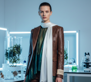 Female model wearing a brown textured blazer with a white scarf in a modern laboratory setting.