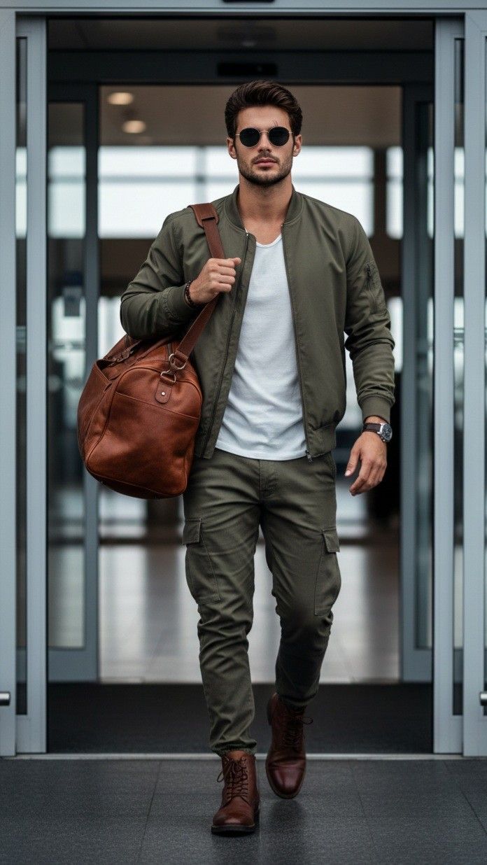 Stylish man in an olive green bomber jacket and cargo pants exits a building, carrying a brown leather duffel bag and wearing sunglasses.