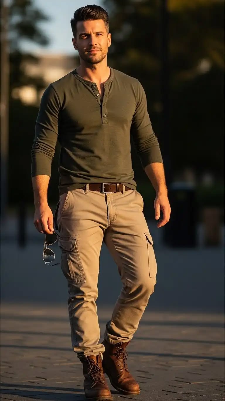 Man in a casual outfit walking outdoors: olive men's Henley shirt, tan cargo pants, brown boots, holding sunglasses in one hand.