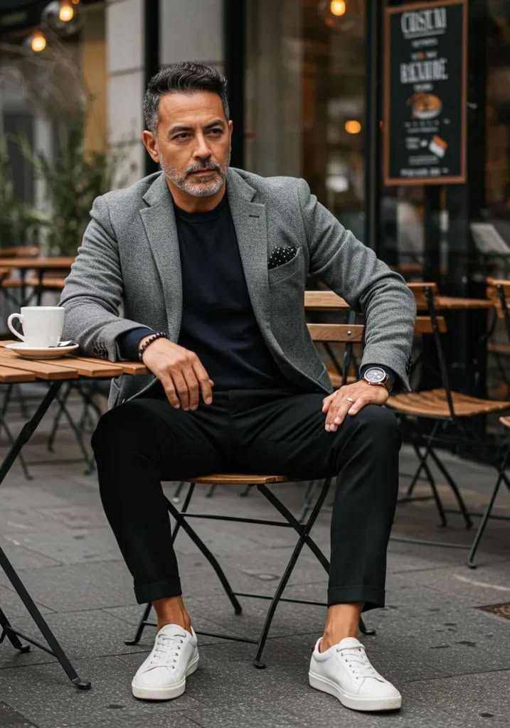 Man in a gray casual blazer and black outfit sits at an outdoor café with a coffee cup on the table behind him.