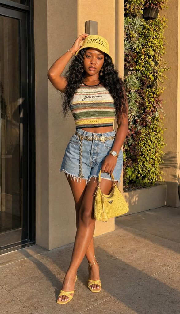 Woman posing outdoors in a striped crop top, frayed denim shorts, yellow hat, and matching yellow handbag with yellow sandals.